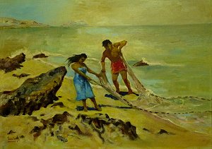 Fischer und Fischerin bei der Arbeit